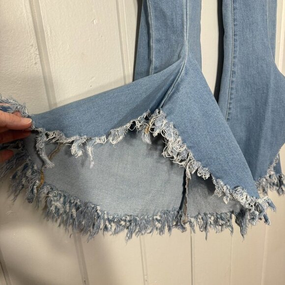 Peach Love California Denim Wide Raw Edge Bell Bottoms Flare Shredded Hem Boho S - Picture 6 of 15